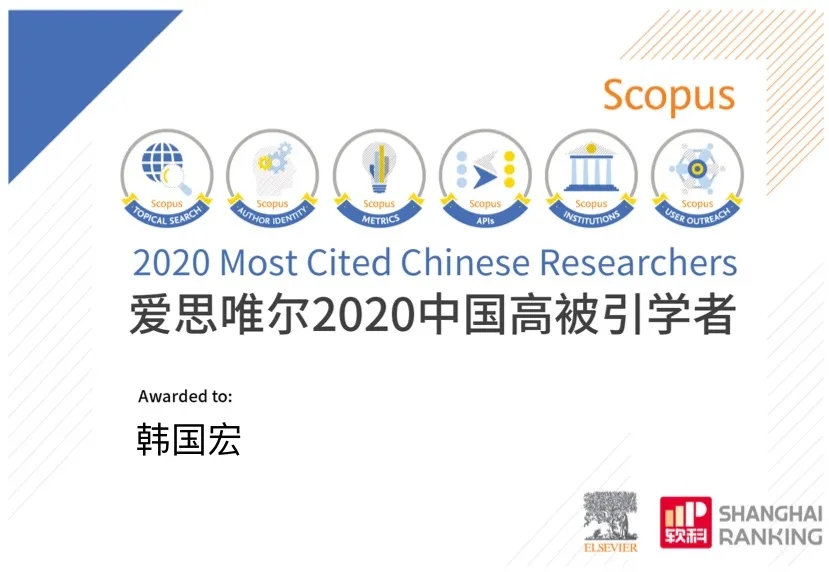 韓國宏教授入選 “2020年中國高被引學(xué)者”榜單！
